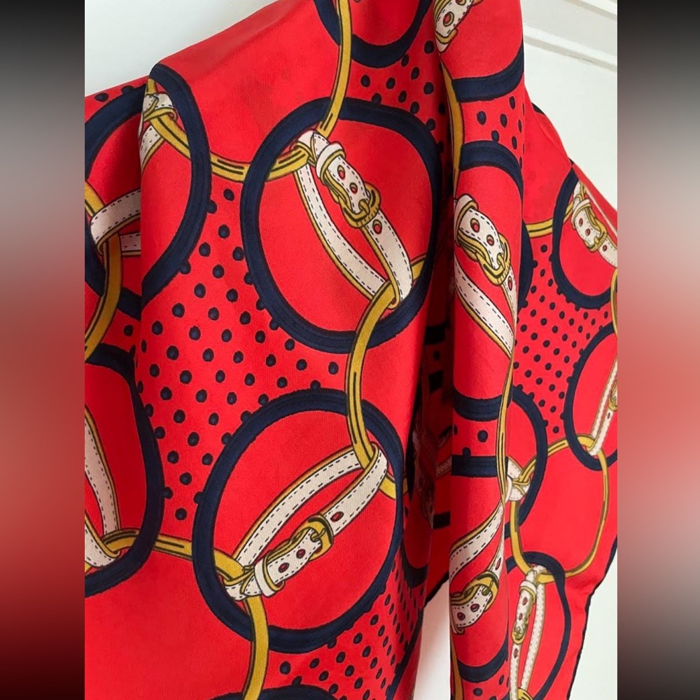 SILK 30” Equestrian & Dot Scarf 🇨🇦 DAVIDS Vintage RED NAVY GOLD TAUPE 1 Mark EVC - Picture 3 of 5